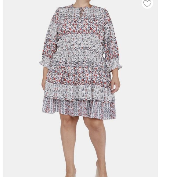 Dex 1X Dress Knee Length Ruffle Tie Neckline Long Sleeves - Picture 8 of 10